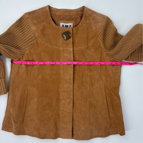 AMI Womens Suede Leather Jacket Size M Brown Hidden Snaps Knit Sleeves - Picture 7 of 9